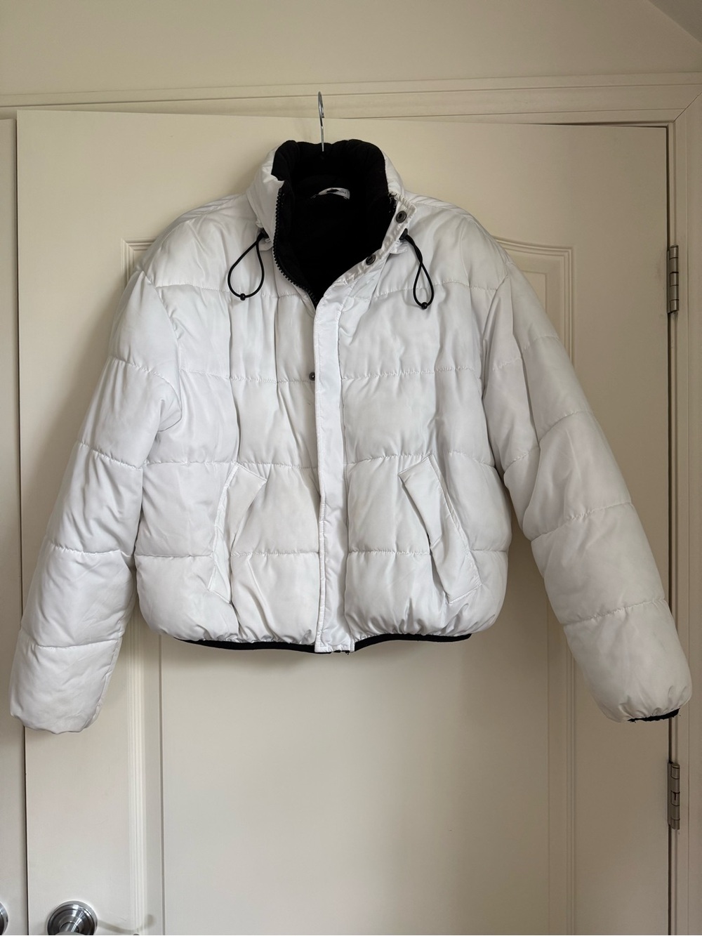 Urban Outfitters White Bomber Puffer Jacket with Black Trim